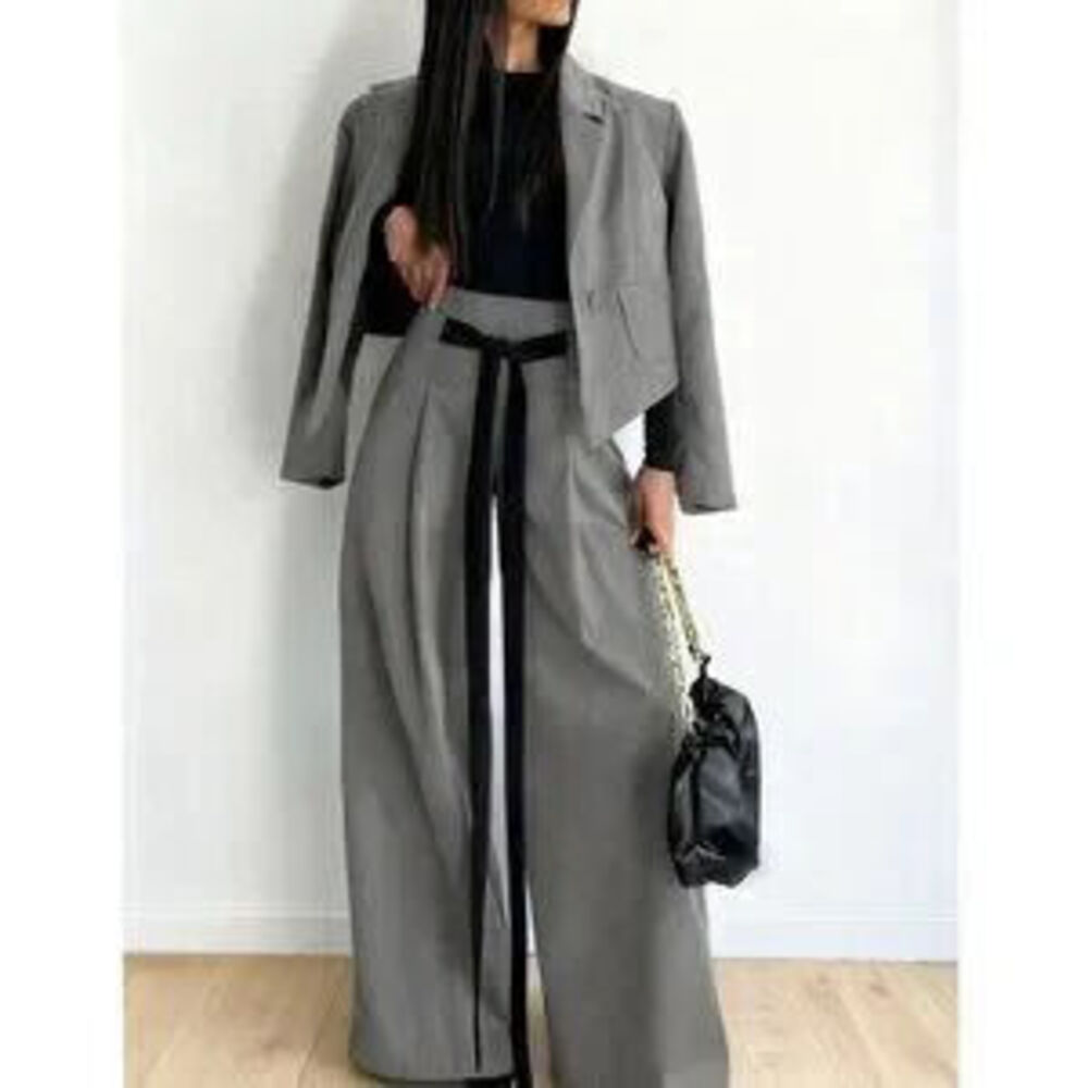 Elegant Grey Women's Blazer Jacket & Wide Leg Pants 2-Piece Set